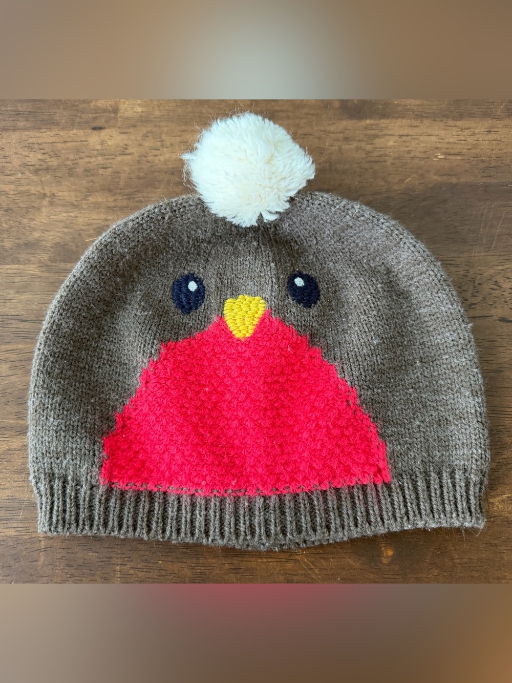 Baby Boden brown red puff ball robin knit beanie hat Toddler size 2-4Y